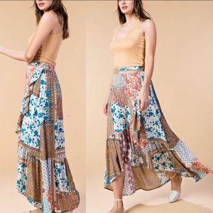 NWOT Boho Patchwork Faux Wrap Skirt